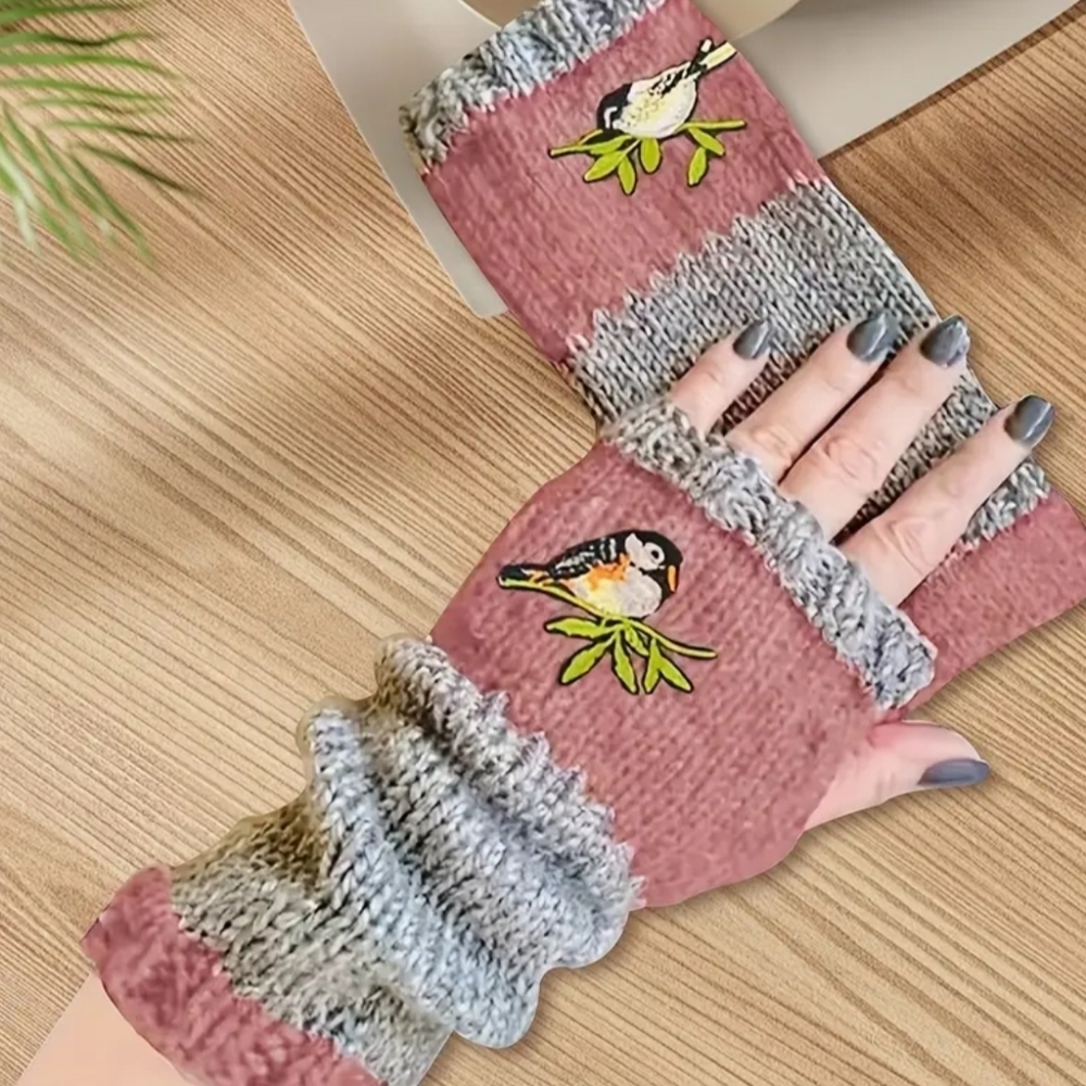 Knitted Pink Gray birdie embroidered cotton fingerless winter gloves (#1,045)(C)